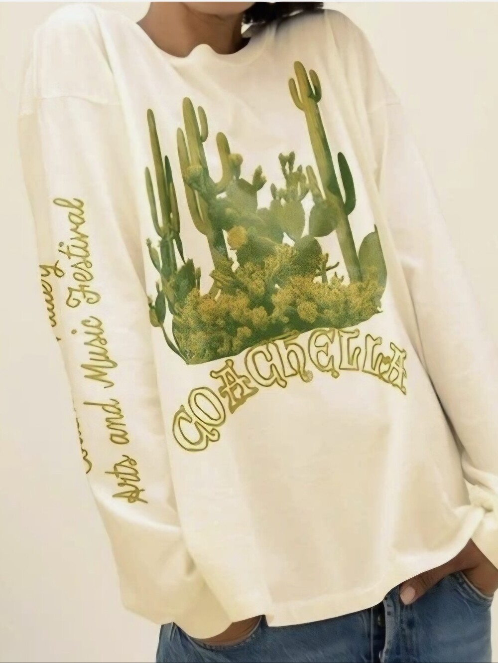 NWOT Daydreamer Desert Coachella Cactus Graphic Long Sleeve Tee - Cream & Olive